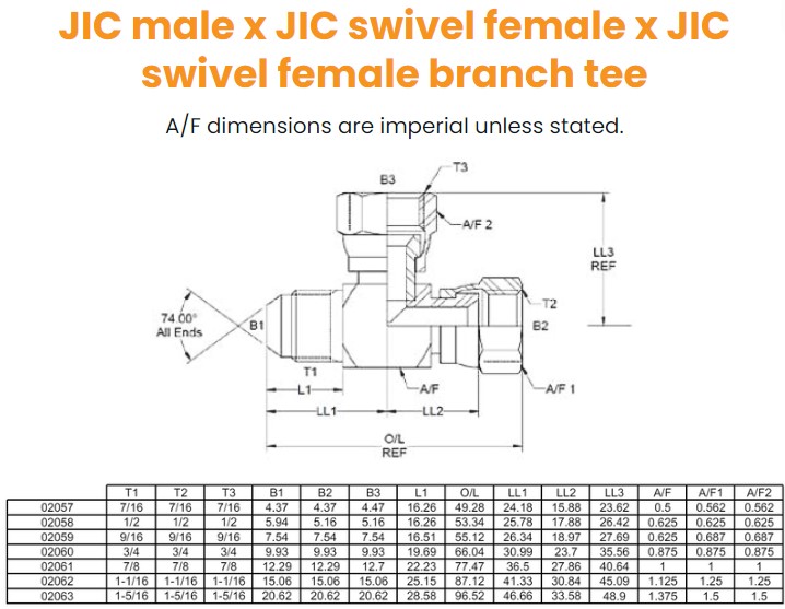 7/16 JIC M/F/F Tee Hydraulic Adaptor